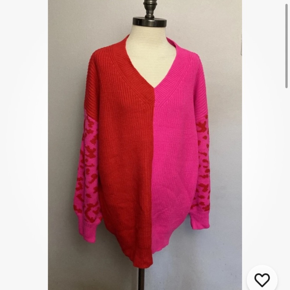 5-1 Lady K Hot Pink Red sweater Cable Thick Large XL Boutique NWT Oversized